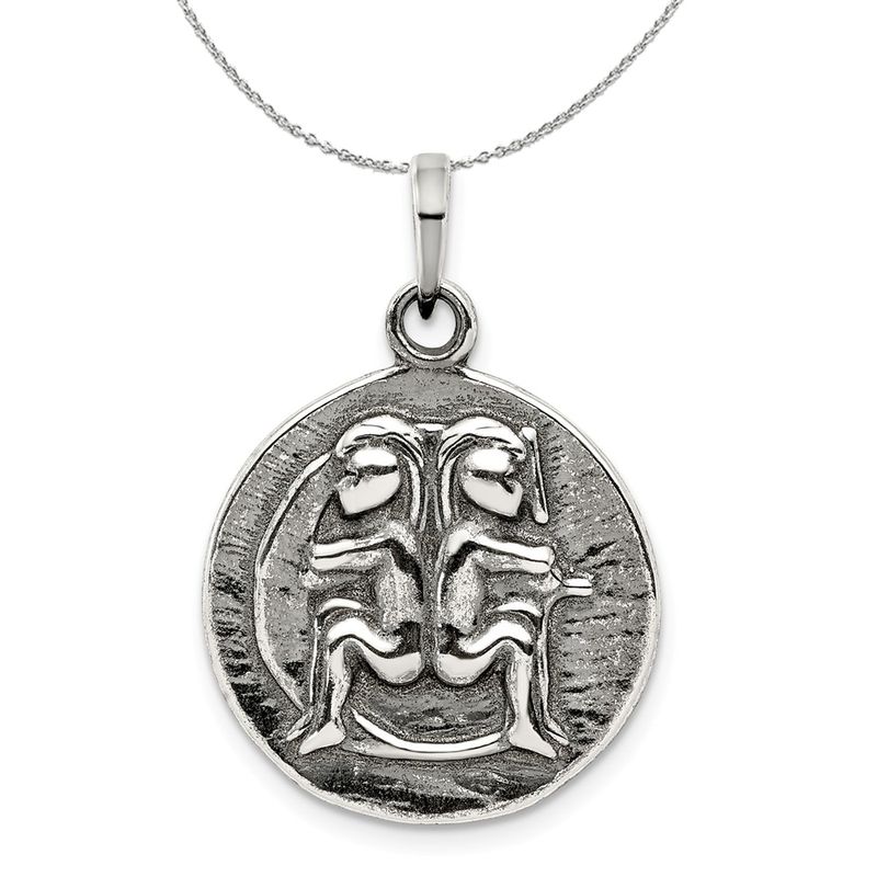 Silver Gemini The Twins Zodiac Embossed Circle Necklace - 20 In